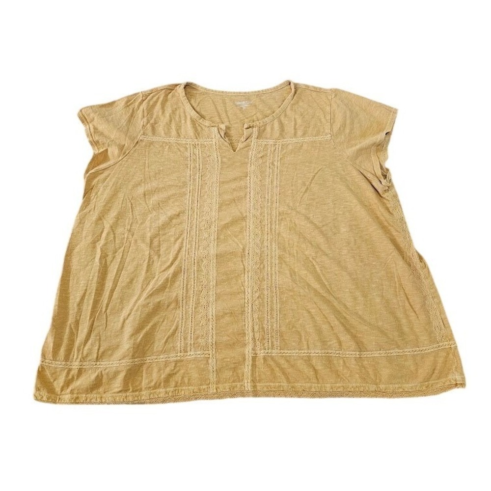 Coldwater Creek Yellow Cotton Lace Trim Notched Neck Top Size 3X Short Sleeve